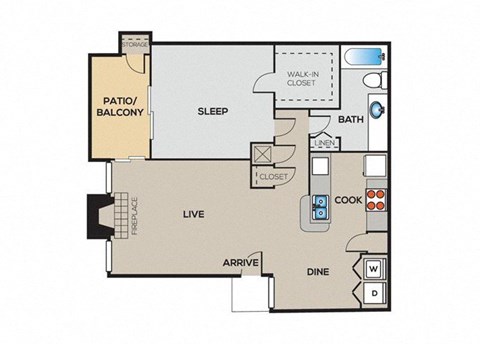 A floor plan of a house with a sleeping area, a bathroom, a kitchen, a dining area, a living room, a patio, and a walk-in closet.